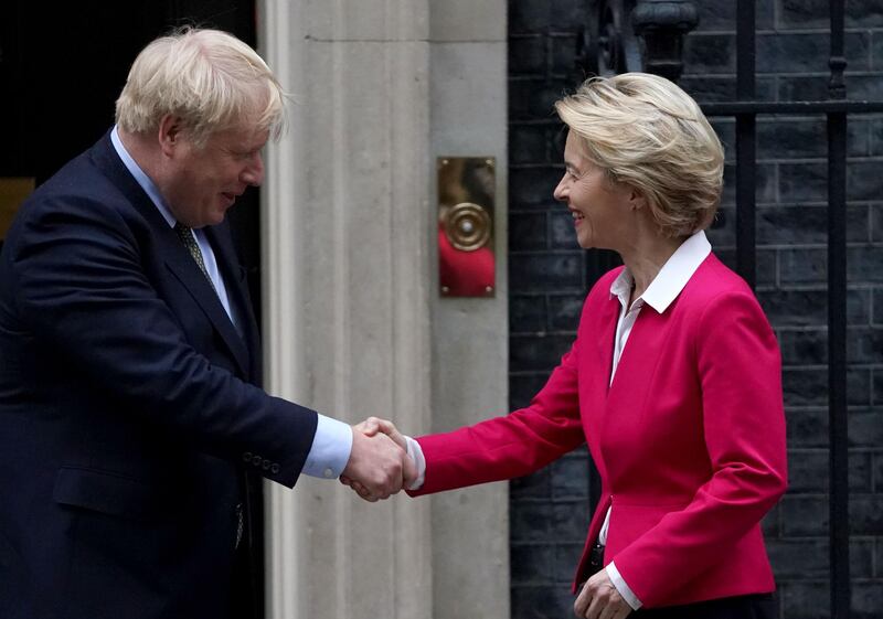 LONDON, ENGLAND - JANUARY 08: British Prime Minister Boris Johnson meets EU Commission President Ursula von der Leyen at 10 Downing Street on January 8, 2020 in London, England. Speaking earlier at the London School of Economics, Ms. von der Leyen said the EU would be "ready to negotiate a truly ambitions partnership with UK" after Brexit, but that it would be "impossible" to reach a comprehensive trade deal by the end of 2020. (Photo by Peter Summers/Getty Images)