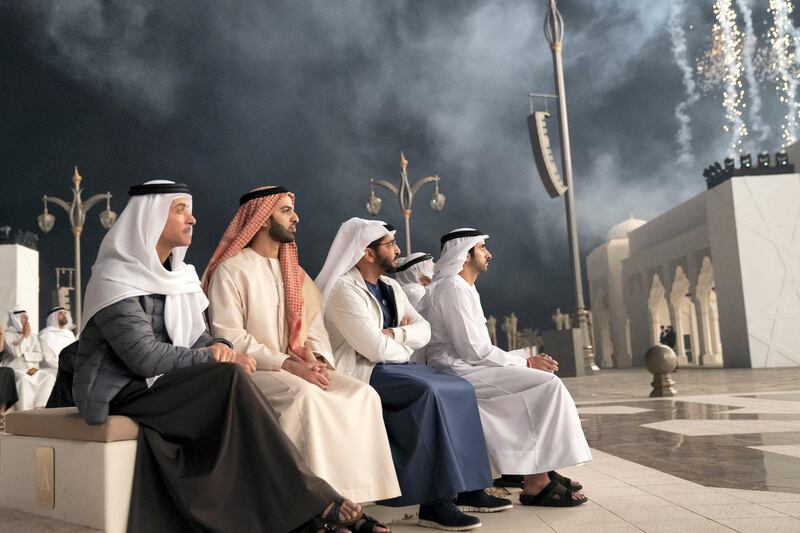 ABU DHABI, UNITED ARAB EMIRATES - March 10, 2019: (L-R) HH Sheikh Hazza bin Zayed Al Nahyan, Vice Chairman of the Abu Dhabi Executive Council, HH Sheikh Mohamed bin Saud bin Saqr Al Qasimi, Crown Prince and Deputy Ruler of Ras Al Khaimah, HH Sheikh Hamdan bin Zayed Al Nahyan, Ruler’s Representative in Al Dhafra Region and HH Sheikh Hamdan bin Mohamed Al Maktoum, Crown Prince of Dubai, attend the inauguration of Qasr Al Watan.

( Mohamed Al Hammadi / Ministry of Presidential Affairs )
---