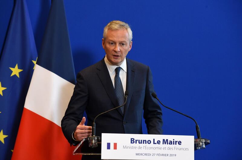 French Finance and Economy minister Bruno Le Maire gestures as he addresses a press conference alongside the US Treasury Secretary at The Economy Ministry in Paris on February 27, 2019. / AFP / ERIC PIERMONT
