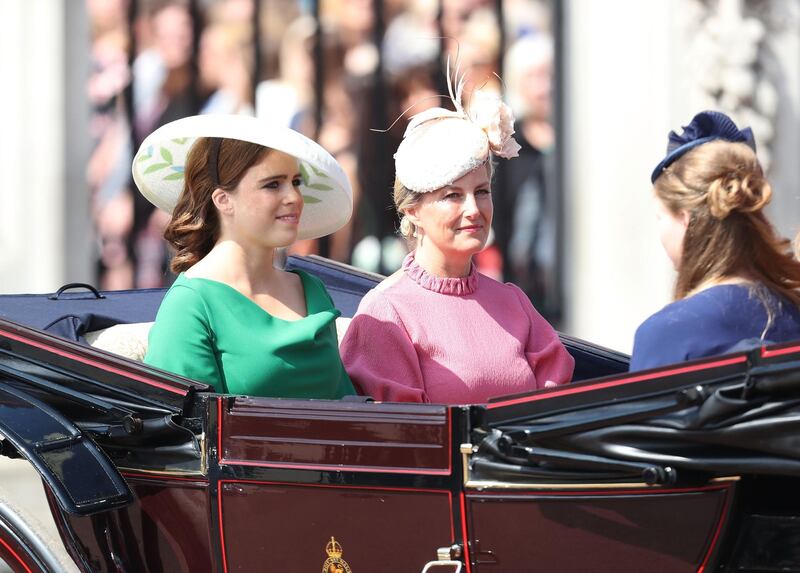 Princess Eugenie and Sophie, Countess of Wessex during Trooping The Colour on the Mall in London, England. The annual ceremony involving over 1400 guardsmen and cavalry, is believed to have first been performed during the reign of King Charles II. The parade marks the official birthday of the Sovereign, even though the Queen's actual birthday is on April 21st.  Photo by Chris Jackson / Getty Images