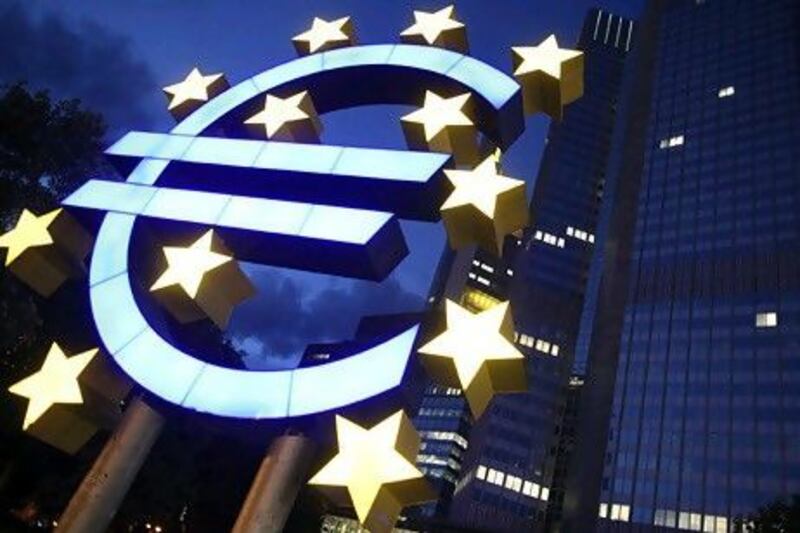 FRANKFURT AM MAIN, GERMANY - JUNE 21: A Euro logo stands in front of the headquarters of the European Central Bank (ECB) on June 21, 2011 in Frankfurt am Main, Germany. Eurozone finance ministers are currently seeking to find a solution to Greece's pressing debt problems, including the prospect of the country's inability to meet its financial obligations unless it gets a fresh, multi-billion Euro loan by July 1. Greece's increasing tilt towards bankruptcy is rattling worldwide financial markets, and leading economists warn that bankruptcy would endanger the stability of the Euro and have dire global consequences. (Photo by Ralph Orlowski/Getty Images) *** Local Caption *** 117089311.jpg