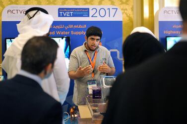 A student presents a self-operated water supply system that he worked on at the Technical and Vocational Education and Training Innovation Week event on Tuesday.  Delores Johnson / The National  