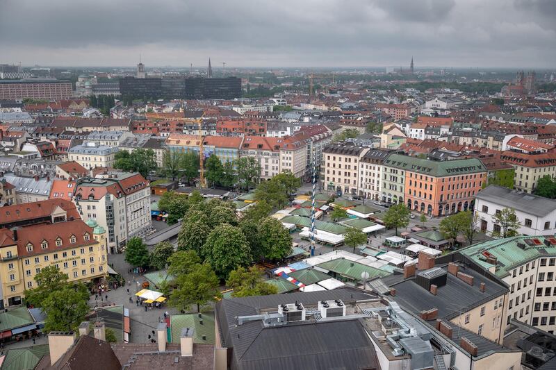 22 May 2019, Bavaria, Munich: Dark clouds are moving over the Viktualienmarkt. Photo: Sina Schuldt/dpa (Photo by Sina Schuldt/picture alliance via Getty Images)