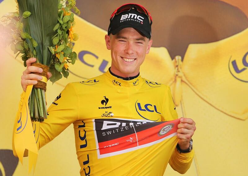 Rohan Dennis of Australia and BMC Racing Team wears the yellow jersey following his victory during the first stage of the 2015 Tour de France on Saturday. Doug Pensinger / Getty Images