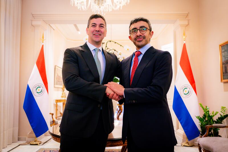 Sheikh Abdullah bin Zayed, Minister of Foreign Affairs, is received by President Santiago Pena of Paraguay on October 2. All photos: Wam 