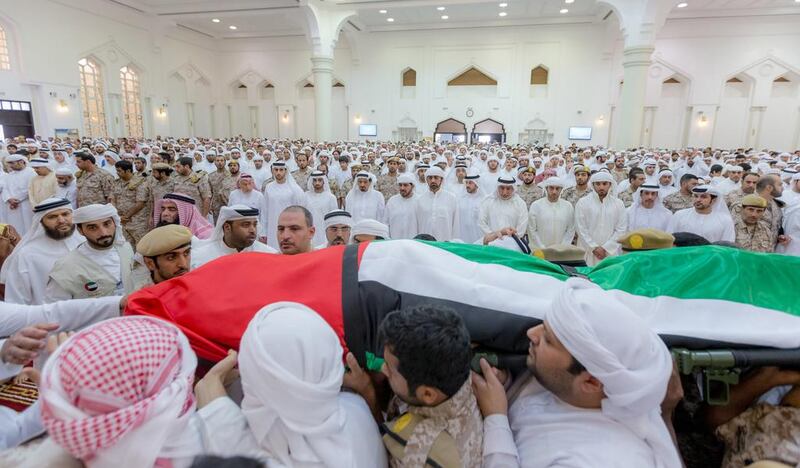 The Ruler of Ajman at the funeral of the martyr Abdullah Ali Hassan Al Hammadi.