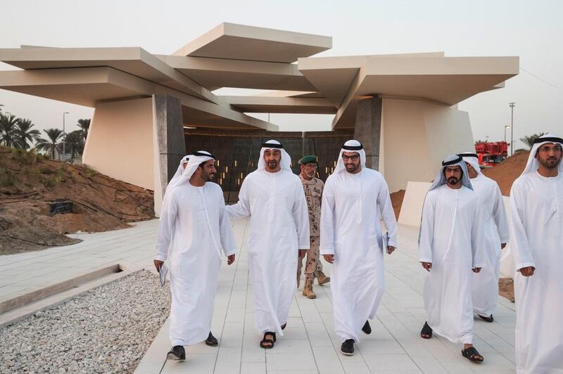 Sheikh Mohammed visits Wahat Al Karama. Seen with Mohammed Al Mubarak, Sheikh Khalifa bin Tahnoon and Mohammed Al Mazrouei. Ryan Carter / Crown Prince Court - Abu Dhabi