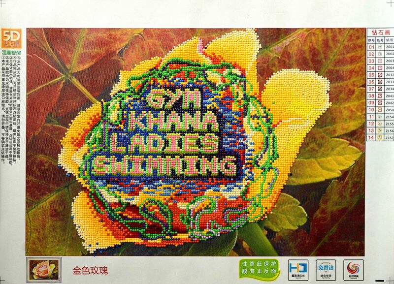 'Gymkhana Ladies Swimming' (2021) by Saba Khan; resin diamonds on diamond painting kit; 91.4 × 124.46cm. Photo: Saba Khan
