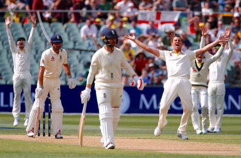 Josh Hazlewood appeals unsuccessfully for lbw against Alastair Cook. David Gray / Reuters