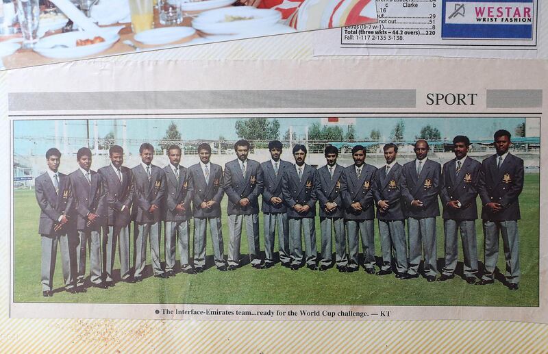 ABU DHABI,  UNITED ARAB EMIRATES , JUNE 17 – 2019 :- One of the old photo of World Cup team and Mohammed Ishaq ( 3rd from left ) a player in the UAE's 1996 World Cup side, who is now wheelchair bound at his home in Abu Dhabi. He is on wheelchair since a car crash in 2009. ( Pawan Singh / The National ) For Sport. Story by Paul