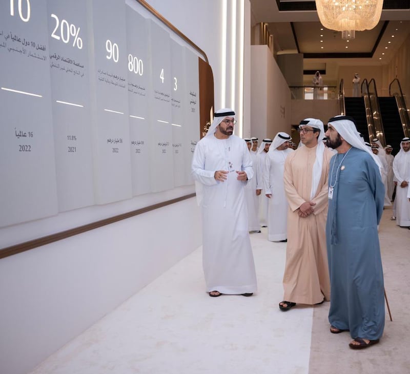 Sheikh Mohammed bin Rashid, Vice President and Ruler of Dubai, and Sheikh Mansour bin Zayed, Vice President, Deputy Prime Minister and Chairman of the Presdential Court, with Mohammad Al Gergawi, Minister of Cabinet Affairs. Dubai Media Office