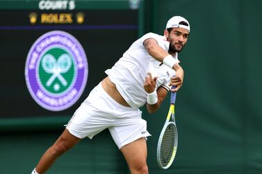 LONDON, ENGLAND - JUNE 24: Matteo Berrettini of Italy serves during a practice session ahead of The Championships Wimbledon 2022 at All England Lawn Tennis and Croquet Club on June 24, 2022 in London, England. (Photo by Clive Brunskill / Getty Images)