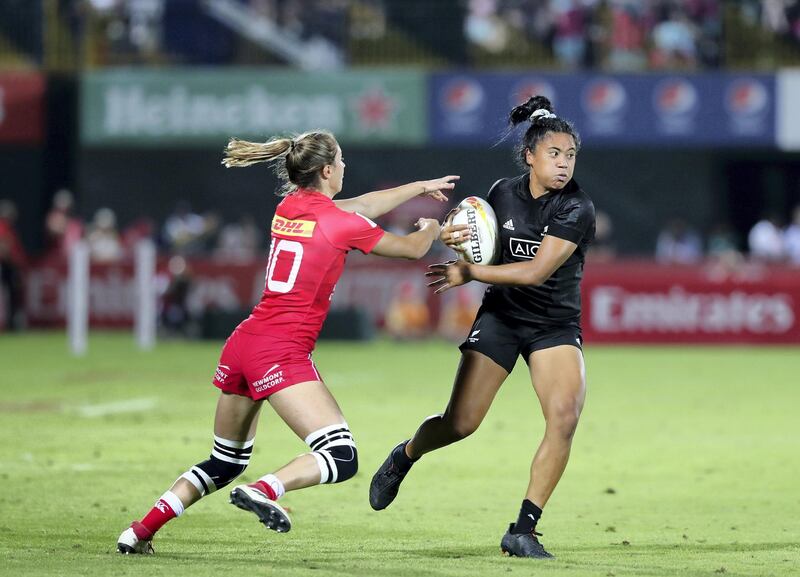 Dubai, United Arab Emirates - December 07, 2019: Alena Saili of New Zealand tries to get passed the Canadian defence during the match between New Zealand and Canada in the womens final at the HSBC rugby sevens series 2020. Saturday, December 7th, 2019. The Sevens, Dubai. Chris Whiteoak / The National
