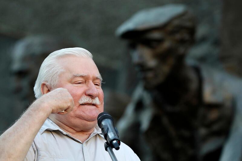 Polish pro-democracy campaigner and Nobel Peace Prize winner Lech Walesa addresses a crowd of right-wing government opponents in Warsaw, Poland, Wednesday, July 4, 2018. Polandâ€™s international isolation and political uncertainty at home has deepened as a purge of the Supreme Courtâ€™s justices took effect, with the chief justice defiantly refusing to step down. First President Malgorzata Gersdorf arrived for work as usual at the court in Warsaw, vowing to continue her constitutionally mandated term, which runs through 2020. (AP Photo/Czarek Sokolowski)