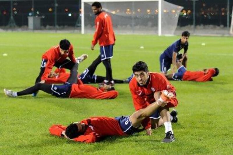 The players stretch as they prepare to face the hosts of the Gulf Cup. A win will see the UAE progress to the next round. Courtesy of the UAE FA