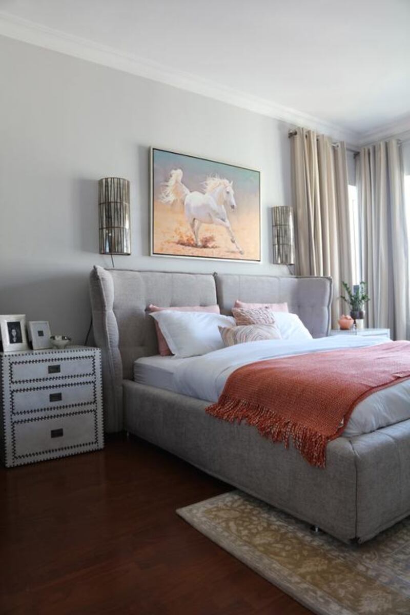 An oversized painting of a horse also hangs over the bed in Ramoul’s room, and its gentle colour palette informed the design of the rest of the room. Courtesy Harf Noon Studio