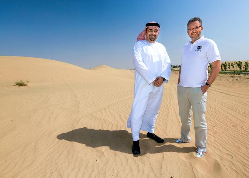 The two men behind the Zarooq Sand Racer, the first car specifically designed for the UAE desert, Mohammed Al Qadi and Iannis Mardell. Victor Besa for The National.