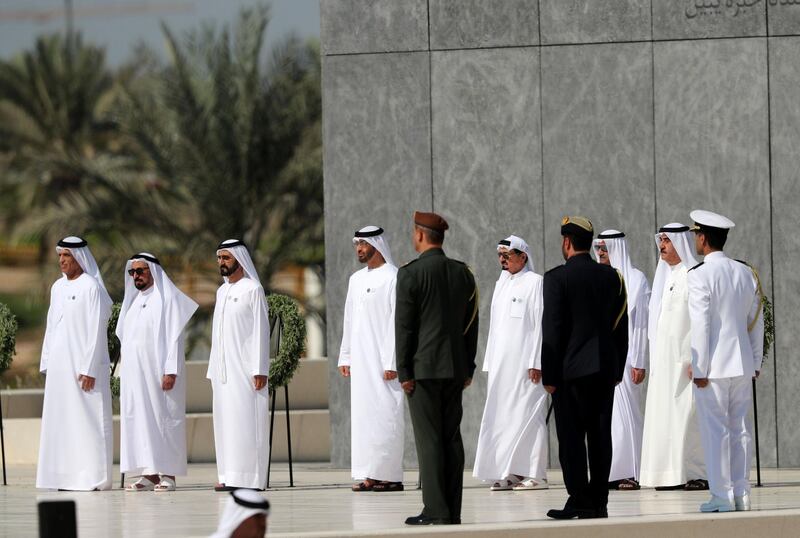 Abu Dhabi, United Arab Emirates - November 29, 2018: The 7 leaders of the UAE meet at Wahat Al Karama for Commemoration Day. Thursday the 29th of November 2018 at Wahat Al Karama, Abu Dhabi. Chris Whiteoak / The National