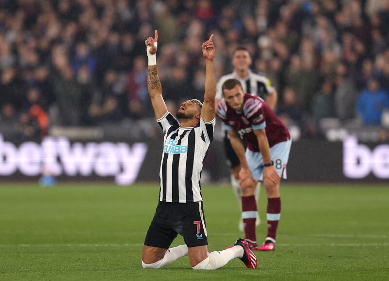 Joelinton celebrates after scoring for Newcastle. Getty