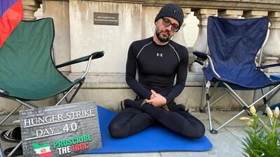 Vahid Beheshti is on hunger strike outside the Foreign Office in London as part of his campaign to urge the government to declare the IRGC a terrorist entity. Photo: Vahid Beheshti