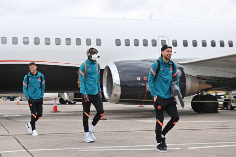 Jorginho, Trevoh Chalobah and Mason Mount of Chelsea arrive in Belfast for the Super Cup match against Villarreal.