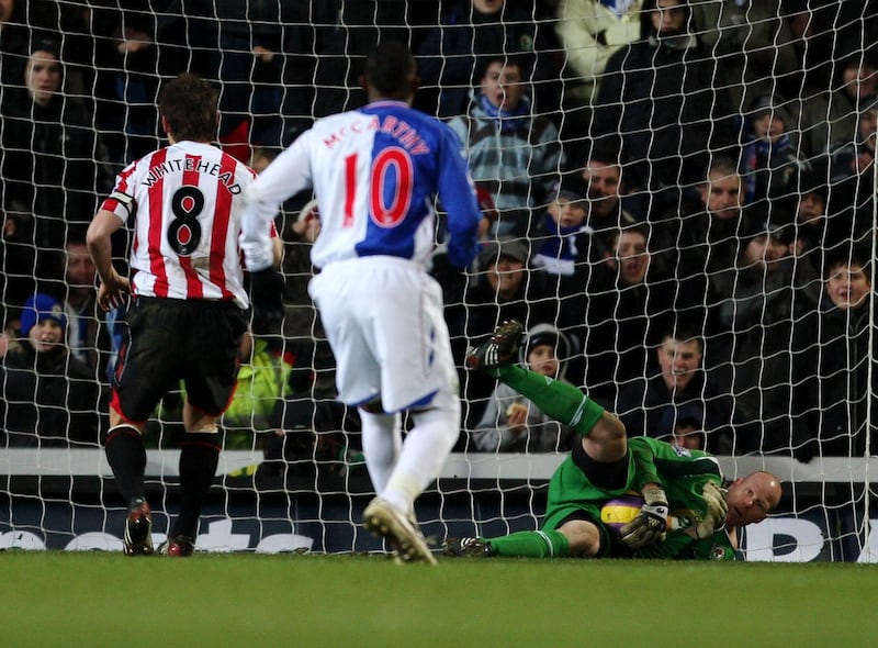 BLACKBURN, UNITED KINGDOM - JANUARY 02: Blackburn Rovers goalkeeper Brad Friedel saves a penalty from Sunderland's Dean Whitehead during the Barclays Premier League match between Blackburn Rovers and Sunderland at Ewood Park on January 2, 2008 in Blackburn, England  (Photo by Gary M. Prior/Getty Images)