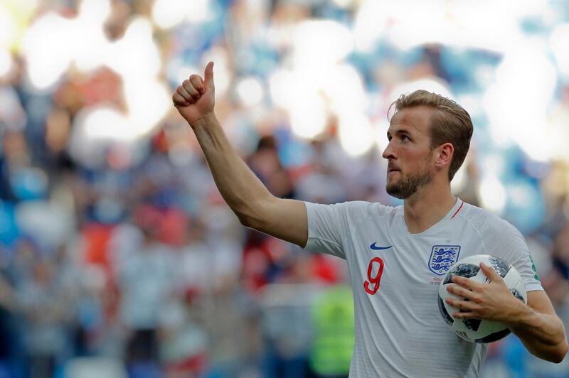 England's Harry Kane celebrates his team's 6-1 victory at the end of the group G match between England and Panama at the 2018 soccer World Cup at the Nizhny Novgorod Stadium in Nizhny Novgorod , Russia, Sunday, June 24, 2018. (AP Photo/Antonio Calanni)