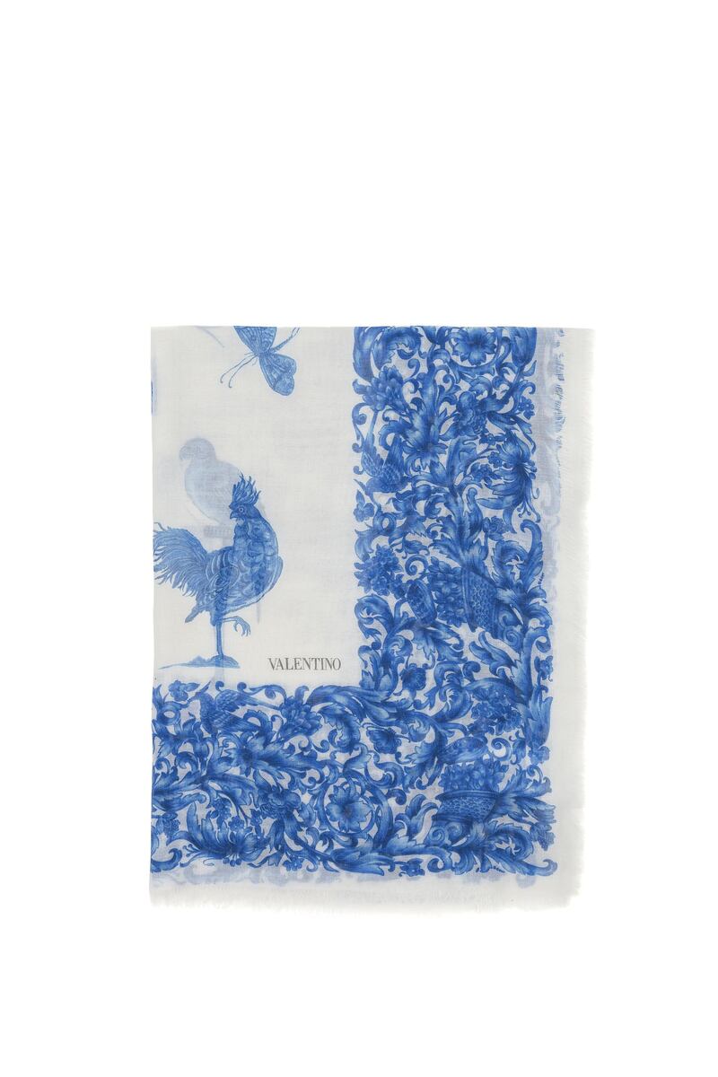 A silk and cashmere shawl inspired by Dutch 16th-century Delft pottery, Dh3,120, Valentino