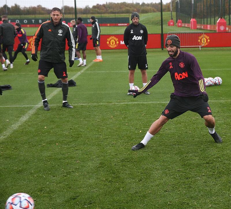 MANCHESTER, ENGLAND - OCTOBER 27: Bruno Fernandes of Manchester United in action during a first team training session ahead of the UEFA Champions League Group H stage match between Manchester United and RB Leipzig at Aon Training Complex on October 27, 2020 in Manchester, England. (Photo by Matthew Peters/Manchester United via Getty Images)