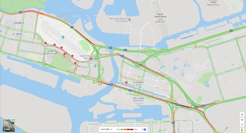 Google Maps showing congestion on the main highways leading to Abu Dhabi island. Roads around Zayed Sports City Stadium will remain closed until 6pm.