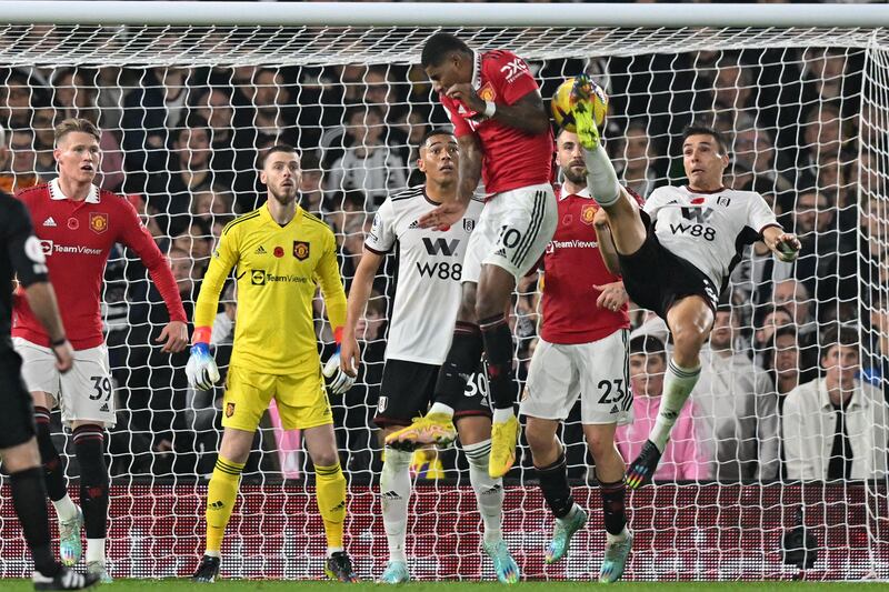 Joao Palhinha 8: Had crowd on feet with well-timed crunching tackle on Rashford in first half that summed up his committed performance in midfield. Had superb overhead kick saved by De Gea as Fulham piled on pressure in second half. Headed good chance way over bar with 10 minutes left. AFP