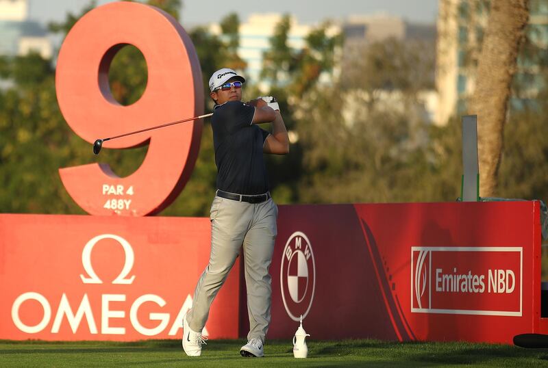 United States' Kurt Kitayama tees-off on the ninth hole on his way to an opening round 65. Getty