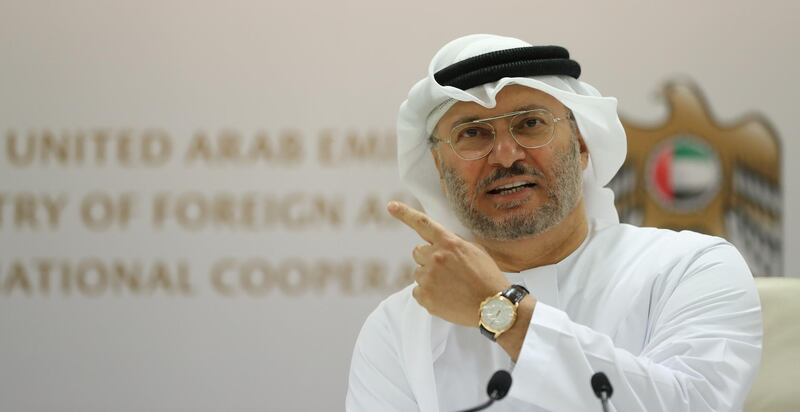 Emirati Foreign Minister Anwar Gargash speaks during a press conference in Dubai on June 18, 2018. The United Arab Emirates, part of a Saudi-led Arab military alliance in Yemen, warned Huthi rebels to withdraw from the key port city of Hodeida as coalition-backed government forces advance.
The "Hodeida port operation will continue unless rebels withdraw unconditionally,"  Gargash told a press conference in Dubai.
 / AFP / KARIM SAHIB
