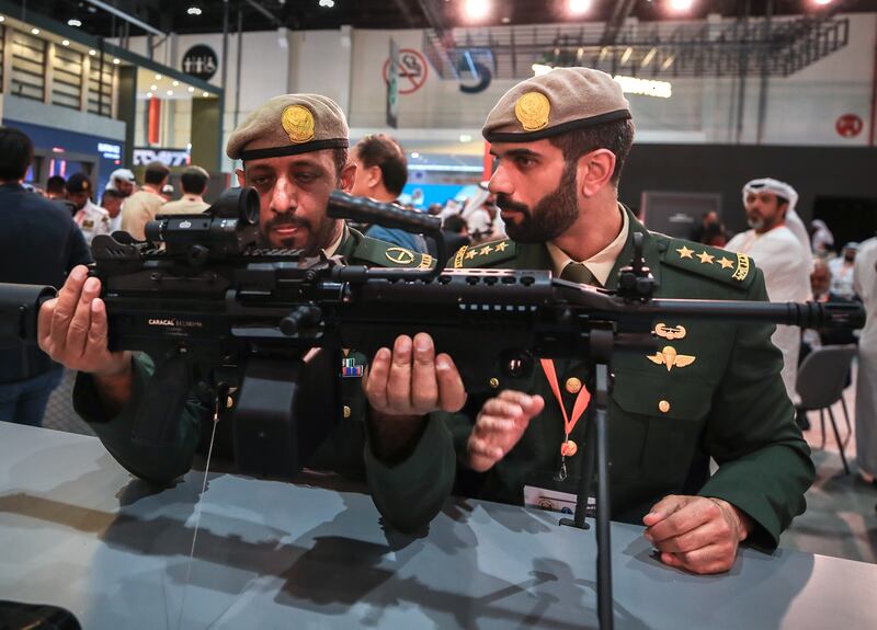 The new Caracal light machine gun on display at the International Defence Exhibition in Abu Dhabi. Victor Besa / The National