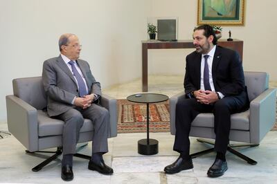 Lebanon's caretaker Prime Minister Saad al-Hariri meets with President Michel Aoun at the presidential palace in Baabda, Lebanon November 7, 2019. Dalati Nohra/Handout via REUTERS ATTENTION EDITORS - THIS IMAGE WAS PROVIDED BY A THIRD PARTY. NO RESALES. NO ARCHIVES