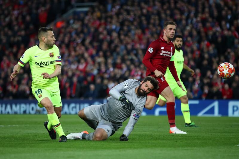 Jordi Alba of Barcelona is foiled by Liverpool's goalkeeper. Getty