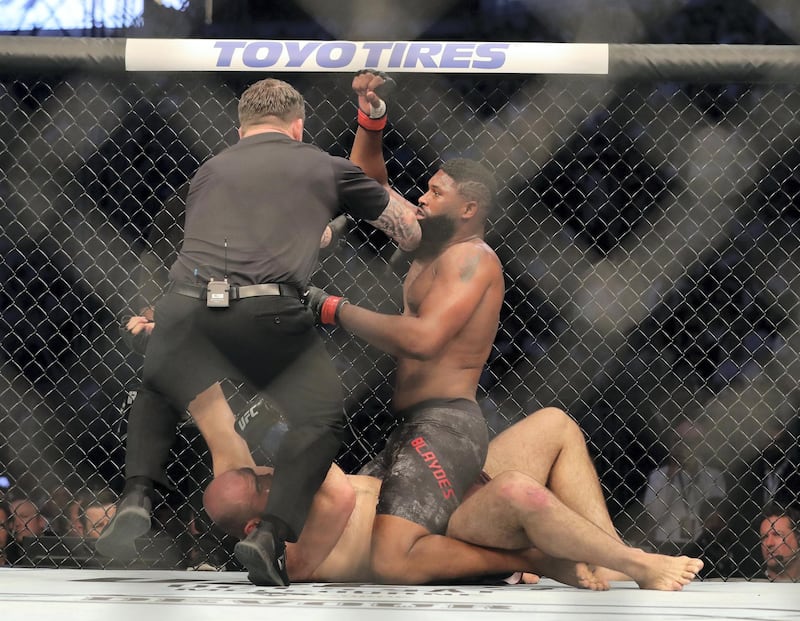 Abu Dhabi, United Arab Emirates - September 07, 2019: Heavyweight bout between Curtis Blaydes (black shorts, winner) and Shamil Abdurakhimov in the Main card at UFC 242. Saturday the 7th of September 2019. Yas Island, Abu Dhabi. Chris Whiteoak / The National