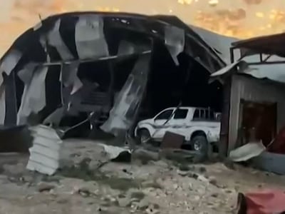 A screengrab from a video shared on April 20, 2024, shows damage following a bombing overnight on an Iraqi military base, which houses pro-Iranian forces, in Babil province.  AFP