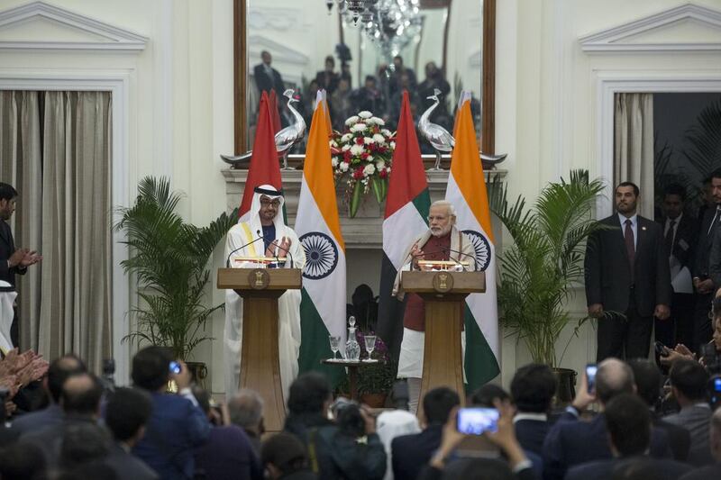 Sheikh Mohammed bin Zayed and Indian prime minister Narendra Modi, right, witness the exchange of several memorandum of understandings, at Hyderabad House, India in February. Philip Cheung / Crown Prince Court — Abu Dhabi