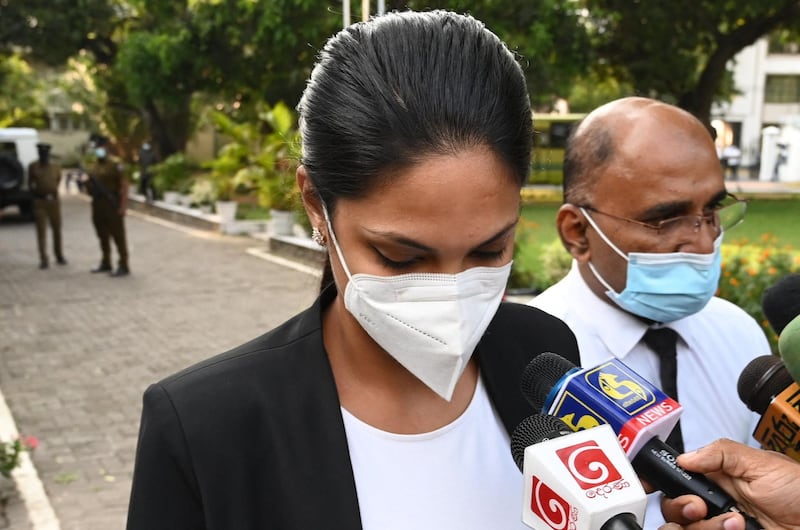 Caroline Jurie leaves Cinnamon Gardens Police Station after being released on bail in Colombo on April 8, 2021. AFP