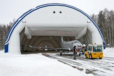 Inflatable aircraft hangars that can be deployed across the globe and built within hours. Courtesy: Aviatech