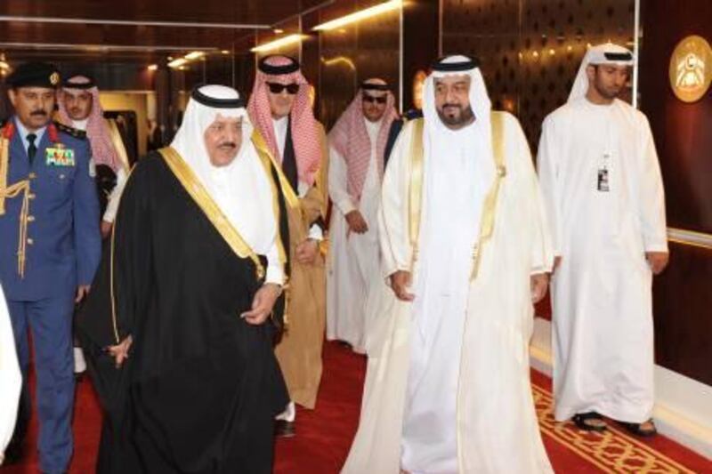 In this image made available by Emirates News Agency, WAM, UAE President Sheikh Khalifa bin Zayed Al Nahyan, 2nd right, walks with Saudi Arabia's Prince Nayef bin Abdul Aziz, 3rd left, and Saudi Foreign Minister Prince Saud Al Faisal, 4th left, during the 31st Gulf Cooperation Council, GCC summit in Abu Dhabi, Monday, Dec. 6, 2010. (AP Photo/ WAM-HO) *** Local Caption ***  ARE101_Emirates_GCC_Summit.jpg