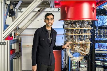 Sundar Pichai, chief executive Alphabet Inc and its subsidiary Google, with one of Google's quantum computers. AFP