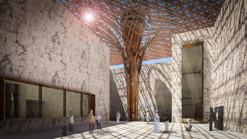 A render of Aidia Studio's design for the Barjeel Museum for Modern Art. On the outside the structure appears fortress-like and closed off, while the inside opens up to a interconnected courtyards. Courtesy Aidia Studio