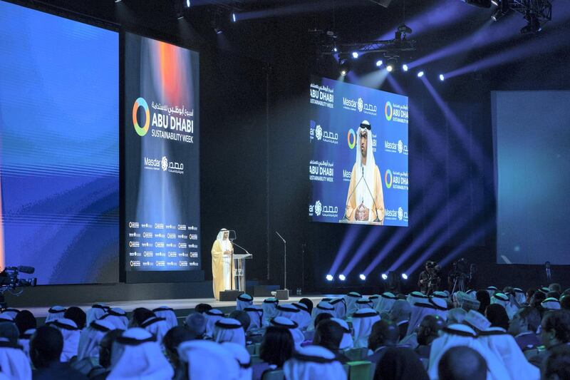 ABU DHABI, UNITED ARAB EMIRATES - January 14, 2019: HE Dr Sultan Ahmed Al Jaber, UAE Minister of State, Chairman of Masdar and CEO of ADNOC Group (C), delivers the welcoming speech during the opening ceremony of the World Future Energy Summit 2019, part of Abu Dhabi Sustainability Week, at Abu Dhabi National Exhibition Centre (ADNEC).

( Mohamed Al Hammadi / Ministry of Presidential Affairs )
---