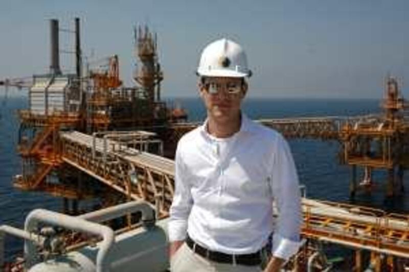 Sharjah - September 30, 2009 - Crescent Petroleum's CEO Badr Jafar, 30, on the company's oil and gas platform in their Mubarek field off the coast of Sharjah, September 30, 2009. (Photo by Jeff Topping/ The National ) *** Local Caption ***  JT022-0930-CRESCENT PETROLEUM_MG_3455.jpg