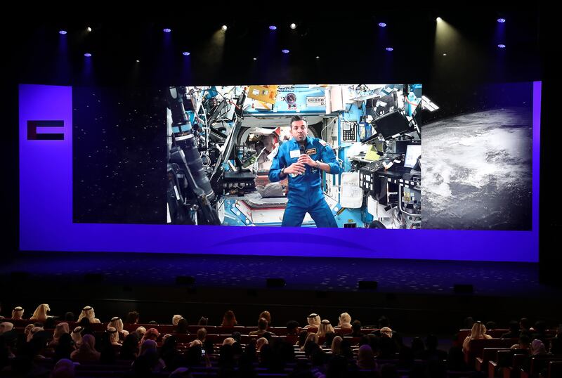 UAE astronaut Sultan Al Neyadi takes part in a video talk called A Call with Space held at Dubai Opera. Pawan Singh / The National 