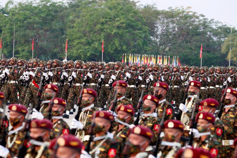 Last year, as Min Aung Hlaing inspected the parade, the military carried out a crackdown on democracy rallies that left about 160 protesters dead, according to a local monitoring group. EPA