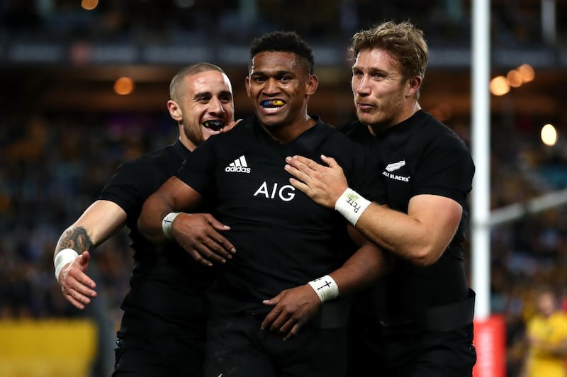 SYDNEY, AUSTRALIA - AUGUST 18:  Waisake Naholo of the All Blacks celebrates scoring a try during The Rugby Championship Bledisloe Cup match between the Australian Wallabies and the New Zealand All Blacks at ANZ Stadium on August 18, 2018 in Sydney, Australia.  (Photo by Cameron Spencer/Getty Images)