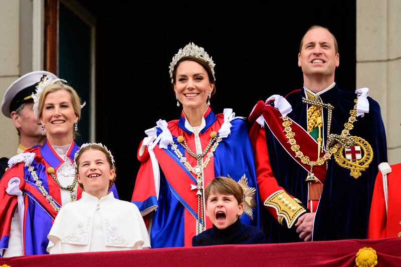 Sophie, Duchess of Edinburgh, Princess Charlotte, Prince Louis, Prince William and Catherine on the balcony of Buckingham Palace following the Coronation of King Charles III on May 6, 2023